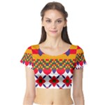 Red flowers and colorful squares                                                                  Short Sleeve Crop Top