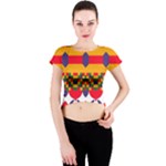 Red flowers and colorful squares                                                                  Crew Neck Crop Top