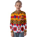 Red flowers and colorful squares                                                            Kids  Long Sleeve Shirt