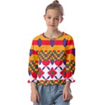 Red flowers and colorful squares                                                                Kids  Cuff Sleeve Top