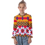 Red flowers and colorful squares                                     Kids  Frill Detail Tee