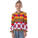 Red flowers and colorful squares                                     Kids  Frill Detail Tee