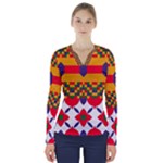 Red flowers and colorful squares                                                                   V-Neck Long Sleeve Top