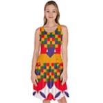 Red flowers and colorful squares                                                                     Knee Length Skater Dress With Pockets