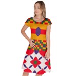 Red flowers and colorful squares                                                                    Classic Short Sleeve Dress