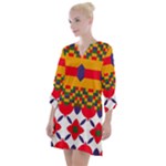 Red flowers and colorful squares                                                                   Open Neck Shift Dress