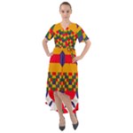 Red flowers and colorful squares                                                                    Front Wrap High Low Dress