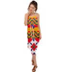 Red flowers and colorful squares                                                                  Waist Tie Cover Up Chiffon Dress