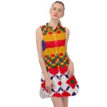 Red flowers and colorful squares                                                                     Sleeveless Shirt Dress