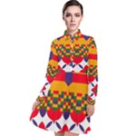 Red flowers and colorful squares                                                                    Long Sleeve Chiffon Shirt Dress