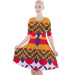 Red flowers and colorful squares                                                                     Quarter Sleeve A-Line Dress