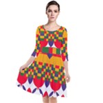 Red flowers and colorful squares                                                                    Quarter Sleeve Waist Band Dress