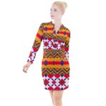 Red flowers and colorful squares                                                                    Button Long Sleeve Dress