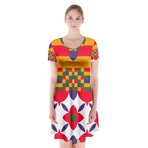 Red flowers and colorful squares                                                                      Short Sleeve V