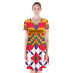 Red flowers and colorful squares                                                                      Short Sleeve V-neck Flare Dress