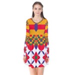 Red flowers and colorful squares                                                                 Long Sleeve V-neck Flare Dress