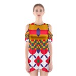 Red flowers and colorful squares                                                                  Women s Cutout Shoulder Dress