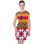 Red flowers and colorful squares                                                                                 Drawstring Hooded Dress