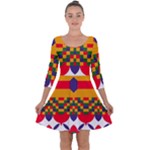 Red flowers and colorful squares                                                                 Quarter Sleeve Skater Dress