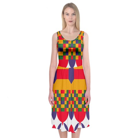 Red flowers and colorful squares                                                                 Midi Sleeveless Dress from ArtsNow.com