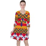 Red flowers and colorful squares                                                                  Quarter Sleeve Ruffle Waist Dress