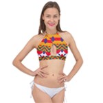 Red flowers and colorful squares                                                                Cross Front Halter Bikini Top