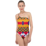 Red flowers and colorful squares                                                                 Classic One Shoulder Swimsuit