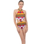 Red flowers and colorful squares                                                                 Halter Side Cut Swimsuit