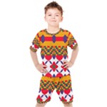 Red flowers and colorful squares                                                               Kids  Tee and Shorts Set