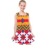 Red flowers and colorful squares                                                               Kids  Cross Back Dress