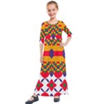 Red flowers and colorful squares                                                                 Kids  Quarter Sleeve Maxi Dress