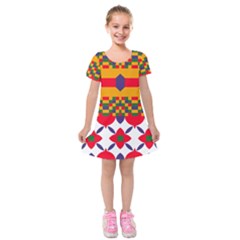 Red flowers and colorful squares                                                                      Kids  Short Sleeve Velvet Dress from ArtsNow.com