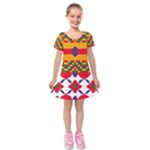 Red flowers and colorful squares                                                                      Kids  Short Sleeve Velvet Dress