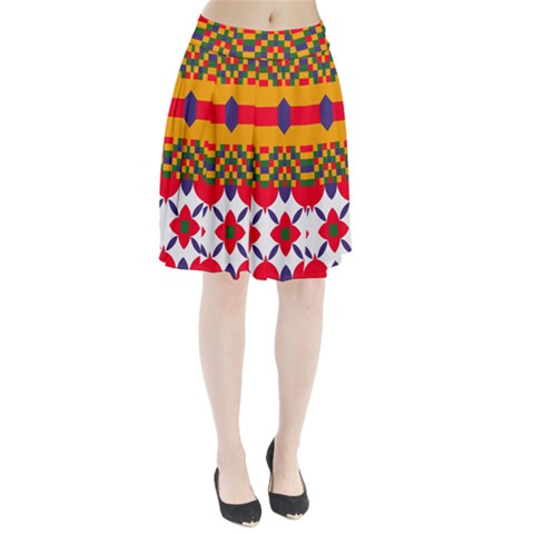 Red flowers and colorful squares                                                              Pleated Skirt from ArtsNow.com