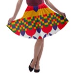 Red flowers and colorful squares                                                                  A-line Skirt