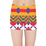 Red flowers and colorful squares                                                                 Kids  Skinny Shorts