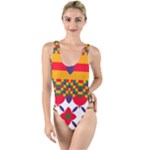 Red flowers and colorful squares                                                                High Leg Strappy Swimsuit