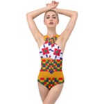 Red flowers and colorful squares                                                                 Cross Front Low Back Swimsuit