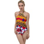 Red flowers and colorful squares                                                                Go with the Flow One Piece Swimsuit