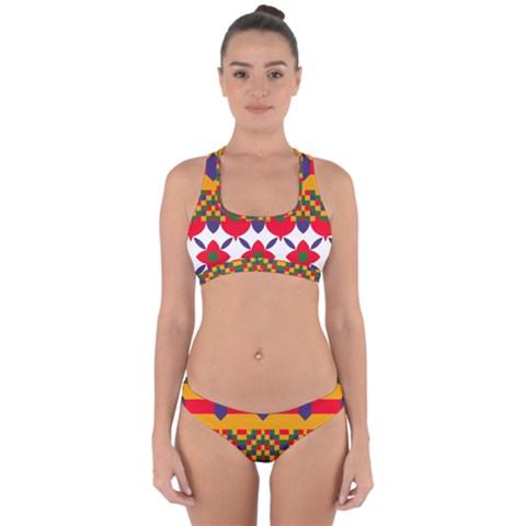 Red flowers and colorful squares                                                                 Cross Back Hipster Bikini Set from ArtsNow.com