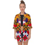 Red flowers and colorful squares                                                                 Open Front Chiffon Kimono