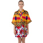 Red flowers and colorful squares                                                                 Quarter Sleeve Kimono Robe