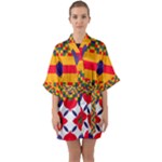 Red flowers and colorful squares                                                                 Quarter Sleeve Kimono Robe