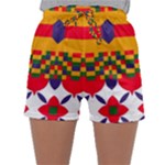 Red flowers and colorful squares                                                                 Women s Satin Sleepwear Sleeve Shorts