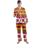 Red flowers and colorful squares                                                                  Men s Satin Pajamas Long Pants Set