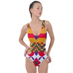 Red flowers and colorful squares                                                                  Side Cut Out Swimsuit