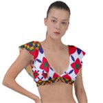 Red flowers and colorful squares                                                                  Plunge Frill Sleeve Bikini Top