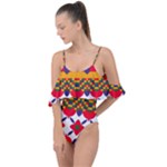 Red flowers and colorful squares                                                                  Drape Piece Swimsuit