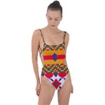 Red flowers and colorful squares                                                                  Tie Strap One Piece Swimsuit