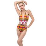 Red flowers and colorful squares                                                                  Plunging Cut Out Swimsuit